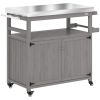 Outsunny Outdoor Grill Cart w/ Stainless Steel Top, Solid Wood Outdoor Kitchen Island w/ Wheels, Storage Cabinets, Gray