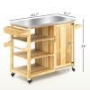 Outsunny Outdoor Grill Cart with Stainless Steel Top, Solid Wood Outdoor Kitchen Island with Wheels, Natural Wood