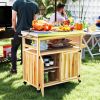 Outsunny Outdoor Grill Cart w/ Stainless Steel Top, Solid Wood Outdoor Kitchen Island w/ Wheels, Storage Cabinets, Natural Wood