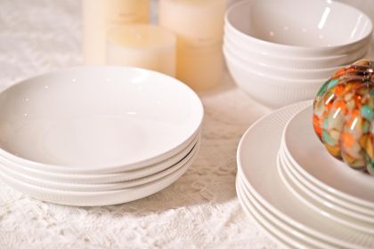 Dandilion Bone China Dinnerware Set, 16 Pieces, Service For 4, Plates, Dishes, Bowls Set, Microwave And Dishwasher Safe, Ivory White With Radial Lines (Option: Ivory White)